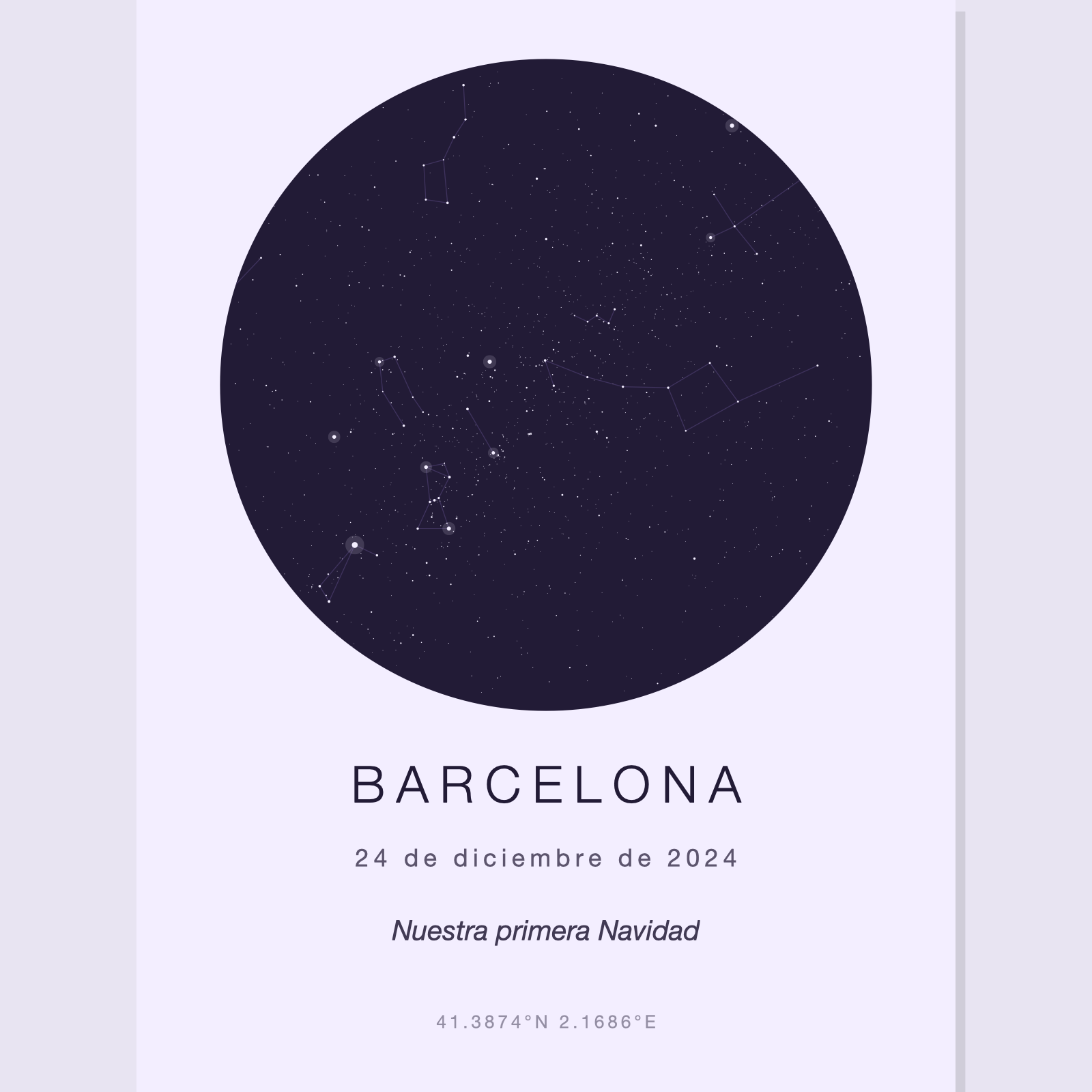Mapa estelar de Barcelona en Nochebuena, paleta lavanda