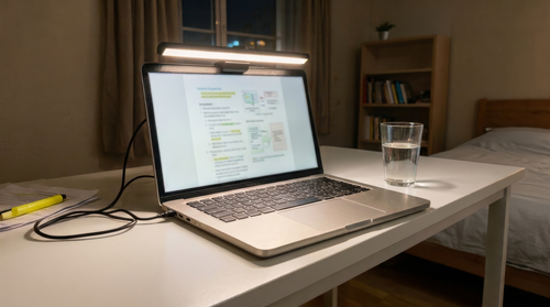 Lámpara LED Cenit enganchada encima de un portátil de noche, iluminando el teclado sin reflejos en la pantalla