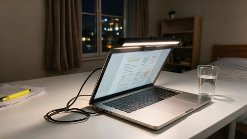Lámpara Cenit encendida sobre la tapa del portátil, vista lateral con el cable USB-C conectado